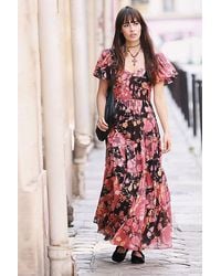 Free People - Sundrenched Short-sleeve Maxi Dress At In Dark Red Combo, Size: Xs - Lyst