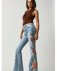 Free People Driftwood Farrah Embroidered Flare Jeans - Blue