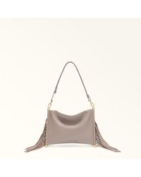 Furla - Sfera Soft Shoulder Bag Toni Linen Nappa Leather + Suede Fringes - Lyst