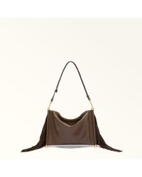 Furla - Sfera Soft Shoulder Bag Toni Espresso Nappa Leather + Suede Fringes - Lyst