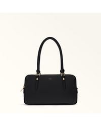 Furla - Giulia Boston Bag Nero Textured Leather + Suede - Lyst