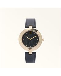 Furla - Logo Links Round Case Watch Nero Leather + Metal - Lyst