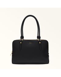 Furla - Giulia Boston Bag L Nero Textured Leather + Suede - Lyst