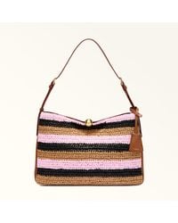 Furla - Sfera Soft Shoulder Bag Toni Cognac Crochet Stripes Fabric + Sidney Calf Leather - Lyst