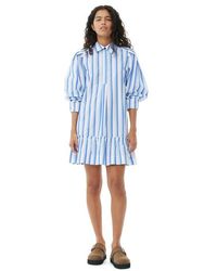 Ganni - Blue Striped Cotton Mini Shirt Dress - Lyst