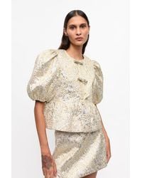 Ganni - Gold and Silver Peplum Tie String Bluse - Lyst