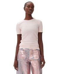 Ganni - Pink Soft Cotton Rib Short Sleeve T-shirt - Lyst