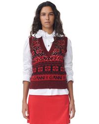 Ganni - Red Sequins Logo Wool Mix Vest - Lyst