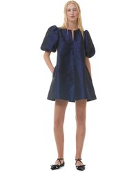 Ganni - Sodalite Blue Short Sleeve Blue Shiny Taffeta Mini Dress Size 4 Recycled Polyester - Lyst