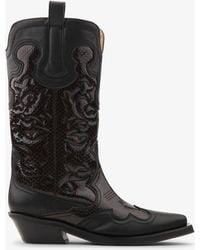 Ganni - Mid Shaft Embroidered Western Boots - Lyst