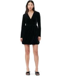 Ganni - Robe Black Velvet Jersey Balloon Mini Taille 42 Polyestere Recyclé/Spandex Manches longues - Lyst