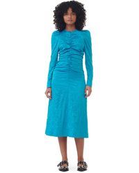 Ganni - Blue Crinkled Satin O-neck Midi Dress - Lyst