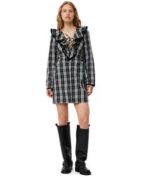 Ganni - Black Checkered Cotton Ruffle V-neck Mini Dress Size 4 - Lyst