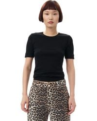Ganni - T-shirt Black Soft Cotton Rib Short Sleeve Taille XXS Élasthanne/Coton Biologique - Lyst