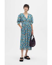 Ganni Synthetic Smock Midi Dress Floral Azure Blue - Lyst