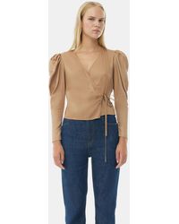 Ganni - Brown Twill Wrap Blouse - Lyst