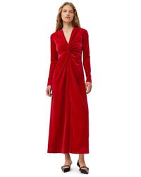 Ganni - Savvy Red Red Velvet Jersey Twist Long Dress Size 4 Recycled Polyester/spandex - Lyst