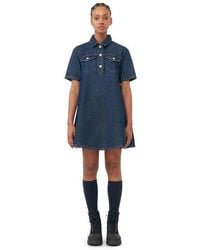 Ganni - Navy Short Sleeve Heavy Denim Mini Dress Size 4 Organic Cotton - Lyst