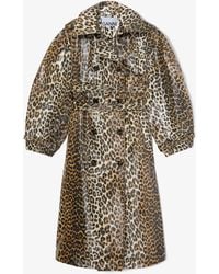 Ganni - Leopard Laminated Cotton Trench Coat - Lyst