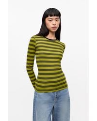Ganni Soft Cotton Rib Striped Long Sleeve Tee in Red | Lyst