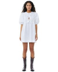 Ganni - White Cotton Poplin Tie String Mini Dress - Lyst