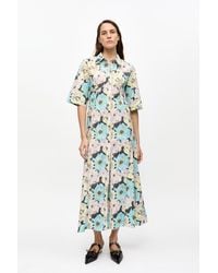Ganni - Floral Printed Cotton Long Shirt Dress - Lyst
