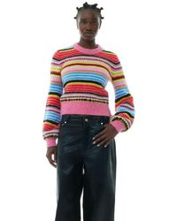 Ganni - Striped Soft Wool O-neck Sweater - Lyst