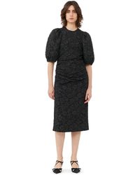 Ganni - Black Short Sleeve Jacquard Puff Sleeves Midi Dress Size 4 Recycled Polyester - Lyst