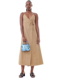 Ganni - Beige Brown Herringbone Canvas Strap Long Dress Size 4 Elastane/organic Cotton - Lyst