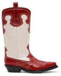 Ganni - Rot Und Weiß Bestickte, Mittelhohe Westernstiefel - Lyst