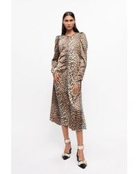 Ganni - Robe Leopard Print Satin Ruched Midi - Lyst