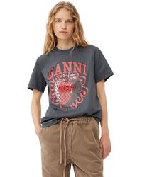 Ganni - T-shirt Grey Relaxed Strawberry - Lyst