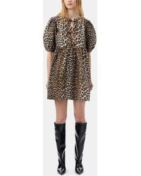 Ganni - Leopard Printed Cotton Tie String Mini Dress - Lyst