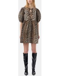 Ganni - Leopard Printed Cotton Tie String Mini Dress - Lyst