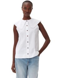 Ganni - Sleeveless Cotton Poplin Sleeveless Frill Collar Shirt - Lyst