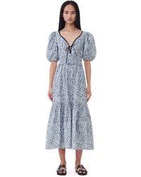 Ganni - Blue Floral Printed Cotton Long Smock Dress - Lyst