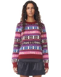 Ganni - Pink Logo Wool Mix O-neck Pullover - Lyst
