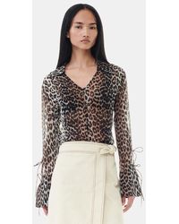 Ganni - Leopard Printed Chiffon Slim Shirt - Lyst