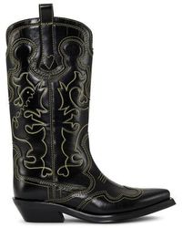 Ganni - /yellow Mid Shaft Embroidered Western Boots - Lyst