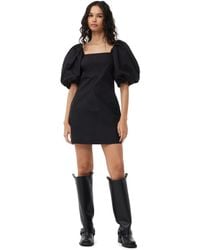 Ganni - Black Cotton Poplin Puff Sleeve Mini Kleid - Lyst