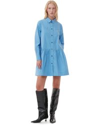 Ganni - Silver Lake Blue Long Sleeve Blue Cotton Poplin Mini Shirt Dress Size 10 - Lyst