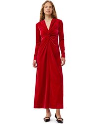 Ganni - Savvy Red Red Velvet Jersey Twist Long Dress Size 4 Recycled Polyester/spandex - Lyst