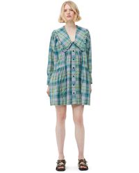 Ganni - Lagoon Long Sleeve Seersucker Check Wide Shirt Mini Dress Size 6 Organic Cotton/polyamide/recycled Polyester - Lyst