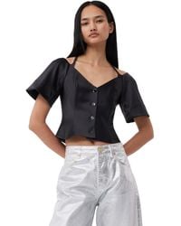 Ganni - Blouse Black Double Satin Fitted Open-neck Taille 32 Élasthanne/Polyestere Recyclé - Lyst