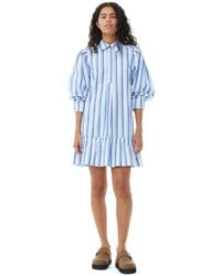 Ganni - Striped Cotton Mini Shirt Dress - Lyst