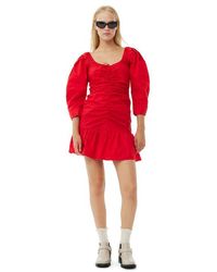 Ganni - Red Cotton Poplin Gathered U-neck Mini Dress - Lyst