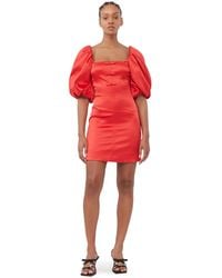 Ganni - Racing Red Short Sleeve Red Satin Mini Dress Size 6 Elastane/polyester - Lyst
