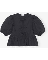 Ganni - Cotton Poplin Peplum Tie Blouse - Lyst