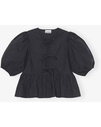 Ganni - Cotton Poplin Peplum Tie Blouse - Lyst