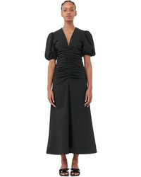 Ganni - Black Short Sleeve Stretch Stripe Gathered Long Dress Size 4 Elastane/polyester/recycled Polyester - Lyst